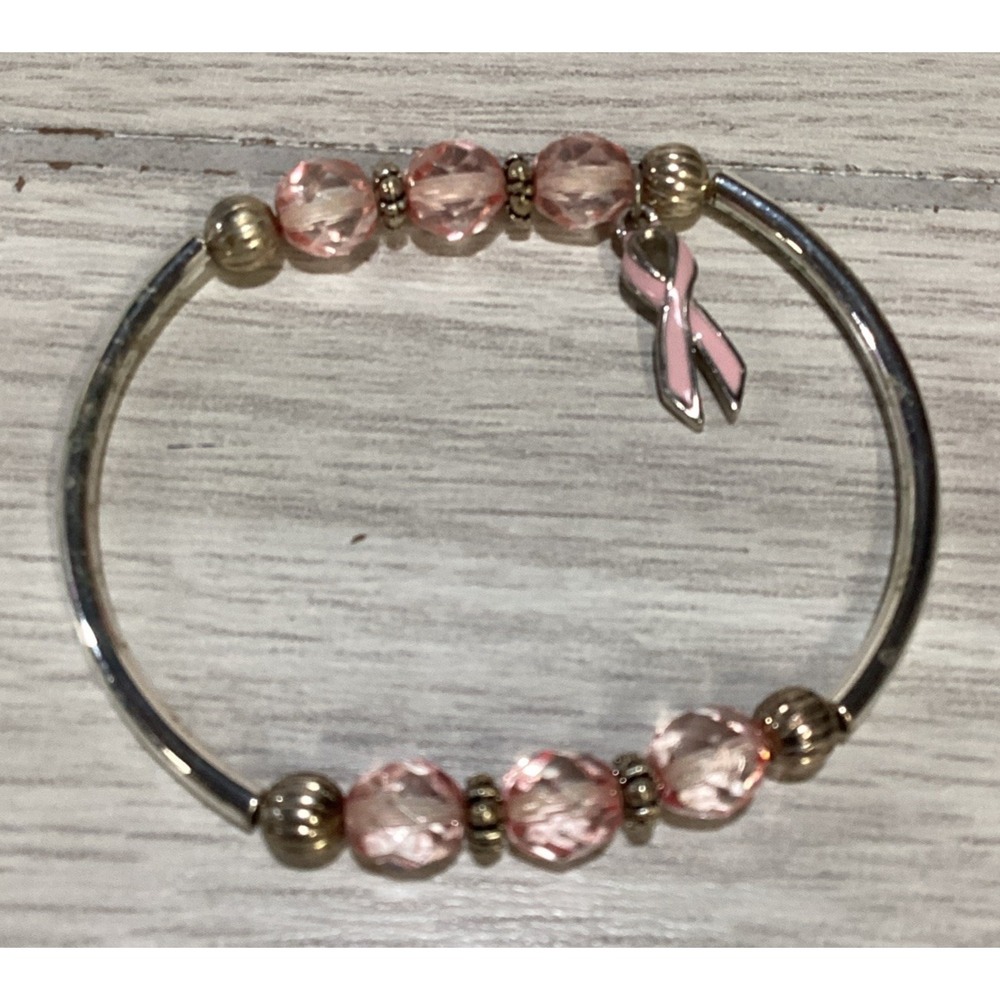 Silvertone Bracelet w/ Pink Beads Breast Cancer‎ Awareness Ribbon Charm